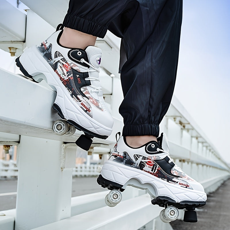 Stylish High-Top Skate Shoes for Boys with 4 Removable Wheels, Comfortable And Slip-Resistant Lace-Up Sneakers.
