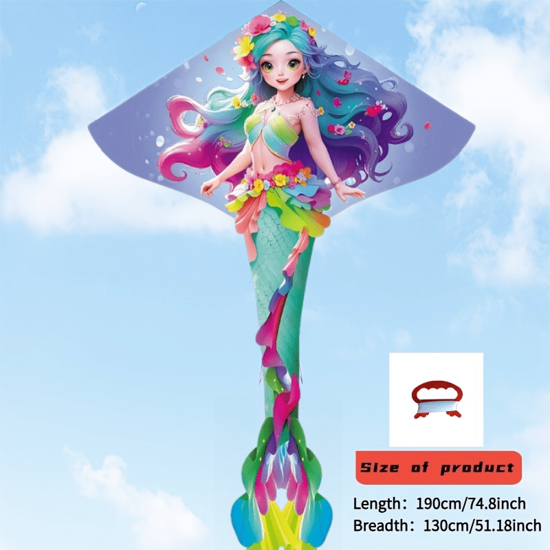 Free Reel Mermaid Kite Durable Mermaid Kite with Free Reel - Durable Polyester Fiber, Easy Assembly, Ideal for Beach & Park Fun, Perfect Outdoor Entertainment for Ages 14+, Blue