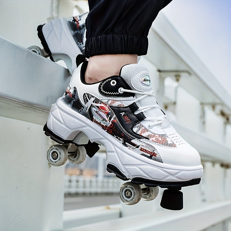 Stylish High-Top Skate Shoes for Boys with 4 Removable Wheels, Comfortable And Slip-Resistant Lace-Up Sneakers.
