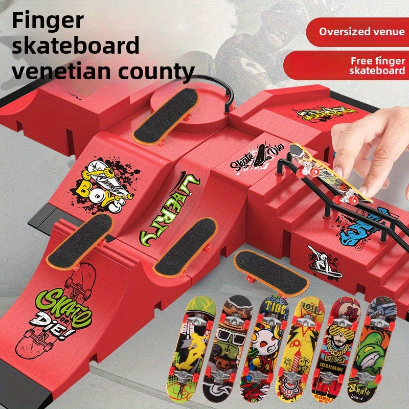 Hand Finger Skateboard Skiing Park Slope Set, 6-in-1 Fingerboard Skateboard with 6 Slopes and 6 Fingerboards, Fingerboard Half Tube Slope Suitable for Children and Adults Fingerboard Training Props Interactive Freestyle Skateboard Game,
