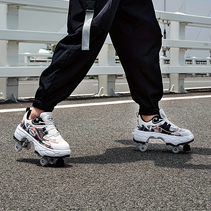 Stylish High-Top Skate Shoes for Boys with 4 Removable Wheels, Comfortable And Slip-Resistant Lace-Up Sneakers.