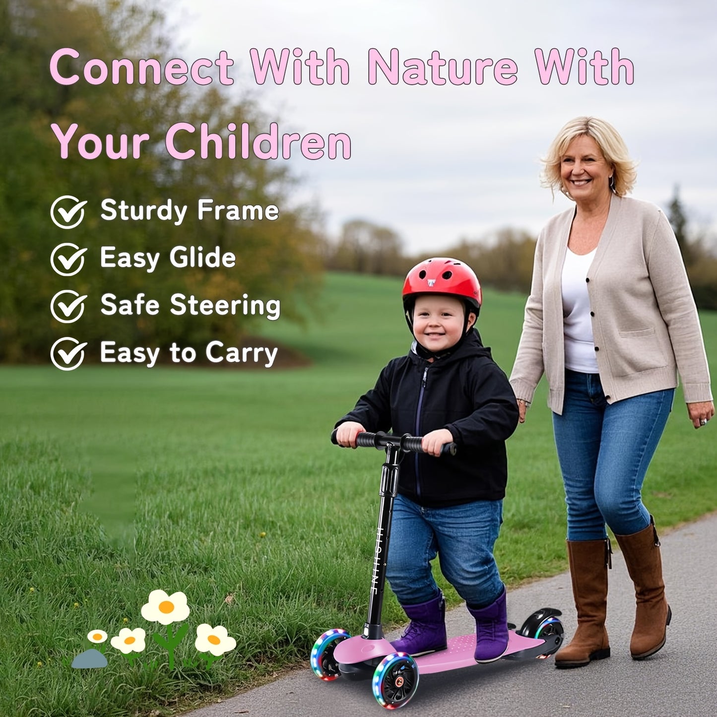 Adjustable Youngsters Scooter with Light-Up Wheels, Extra-Wide Deck & Lean-to-Steer Design – Easy Learning for Youngsters & Youngsters, Perfect Gift for Boys & Girls, Black Handlebar & T-Shaped Frame