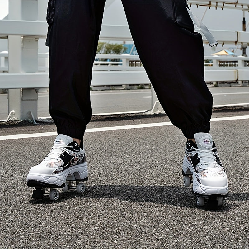 Stylish High-Top Skate Shoes for Boys with 4 Removable Wheels, Comfortable And Slip-Resistant Lace-Up Sneakers.
