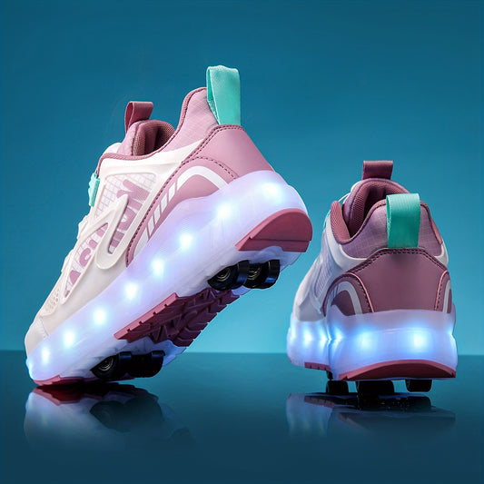 Rechargeable Eight-Wheel Roller Skates with LED Lights for Girls