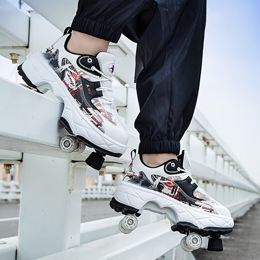 Stylish High-Top Skate Shoes for Boys with 4 Removable Wheels, Comfortable And Slip-Resistant Lace-Up Sneakers.