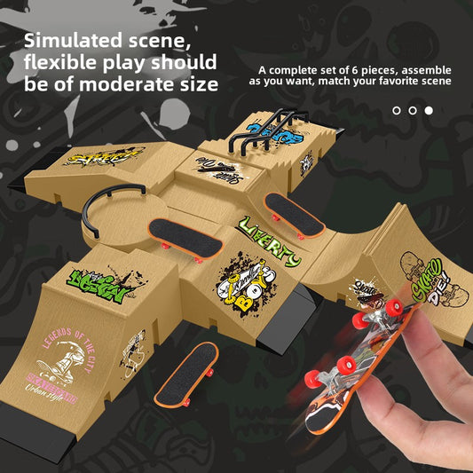 Hand Finger Skateboard Skiing Park Slope Set, 6-in-1 Fingerboard Skateboard with 6 Slopes and 6 Fingerboards, Fingerboard Half Tube Slope Suitable for Children and Adults Fingerboard Training Props Interactive Freestyle Skateboard Game,