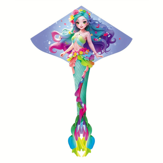Free Reel Mermaid Kite Durable Mermaid Kite with Free Reel - Durable Polyester Fiber, Easy Assembly, Ideal for Beach & Park Fun, Perfect Outdoor Entertainment for Ages 14+, Blue