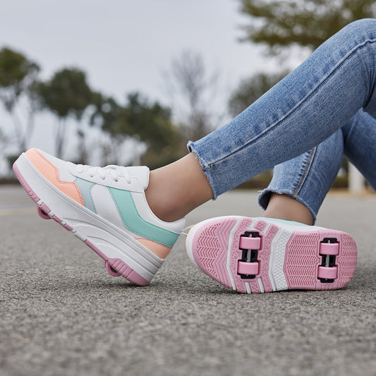 Girls' Retro Sporty Roller Skates with Detachable Wheels - Durable, All-Season Lace-Up Sneakers in Pink & White with Blue Accents, Low-Top Design, PU Upper & TPR Sole, Perfect for Outdoor Play and Skateboarding
