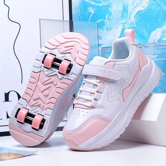 Fashionable Skate Shoes Pink & White Youth Roller Skate Shoes - Low-Top, Rotating Buckle Closure, Detachable Wheels, All-Season TPU & Fabric Construction